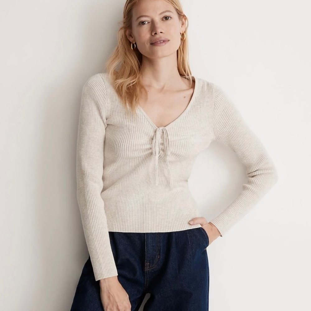 Madewell NWT Riverbend Cinched Pullover Ribbed Sweater in Heathered Stone